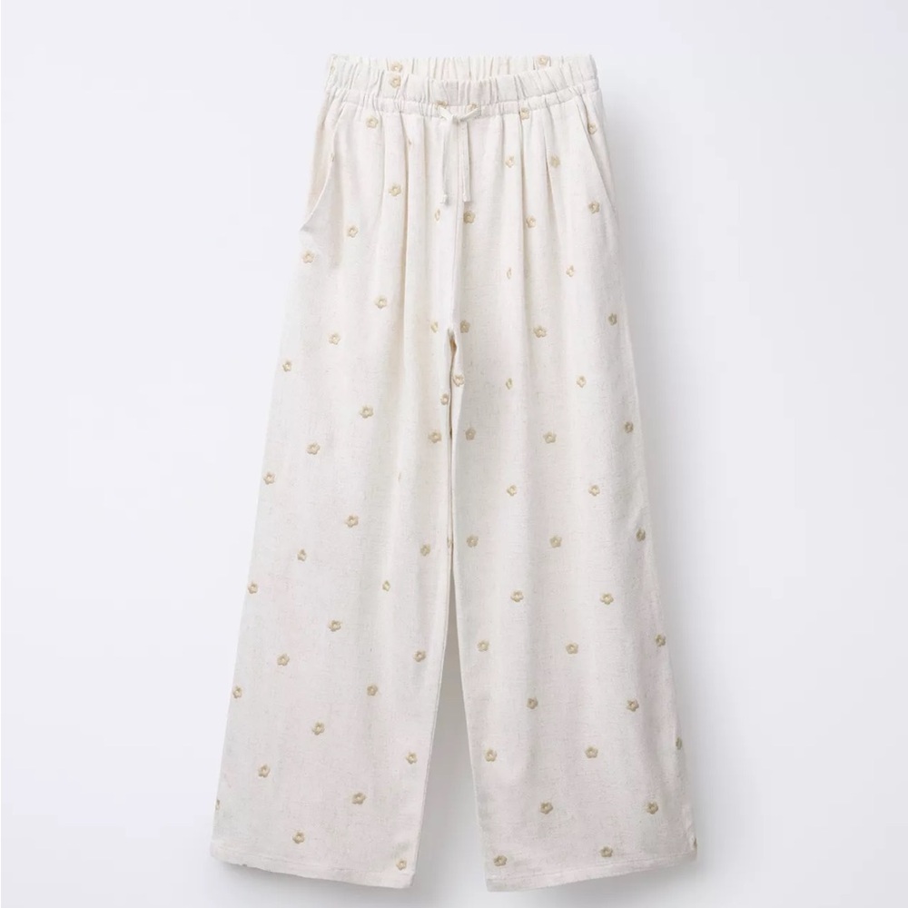 ZARA Embroidered Floral Wide Leg Linen Pants